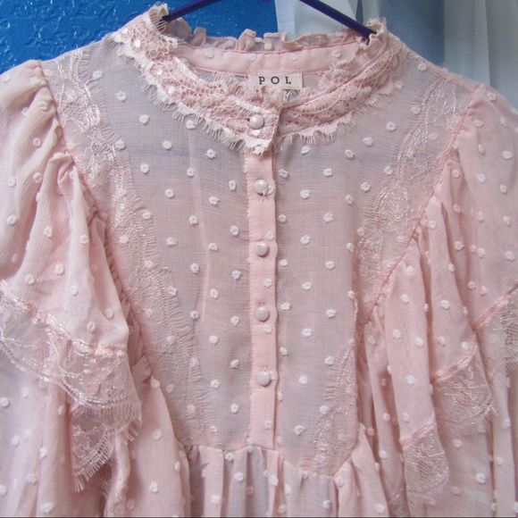 Swiss dot pink ruffle blouse with front buttons and lace detail - Picture 3 of 13